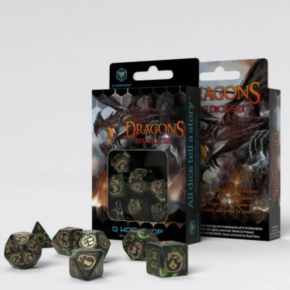 Q Workshop Dobbelstenen>Dragons Bottle Green & Gold Dice Set (7)