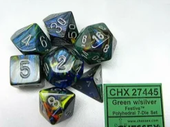 Chessex Dobbelstenen>Festive Green/Silver Polydice Dobbelsteen Set (7 Stuks)