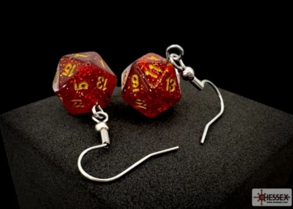 Chessex Oorbellen>Hook Earrings Glitter Ruby Mini-Poly D20