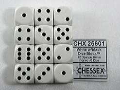Chessex Dobbelstenen>Opaque White/Black D6 16Mm Dobbelsteen Set (12 Stuks)